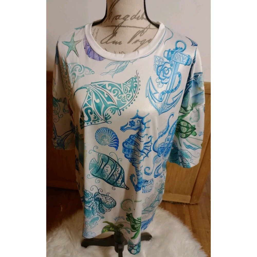 Women's Sea Life Beach Theme Pullover SS Top Sz Plus 3X Blue White NWOT